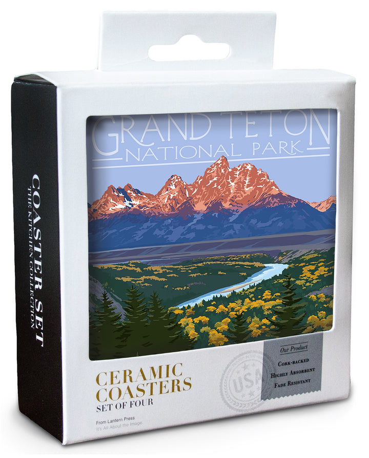 Grand Teton National Park, Wyoming, Snake River Overlook, Lantern Press Artwork, Coaster Set Coasters Lantern Press 