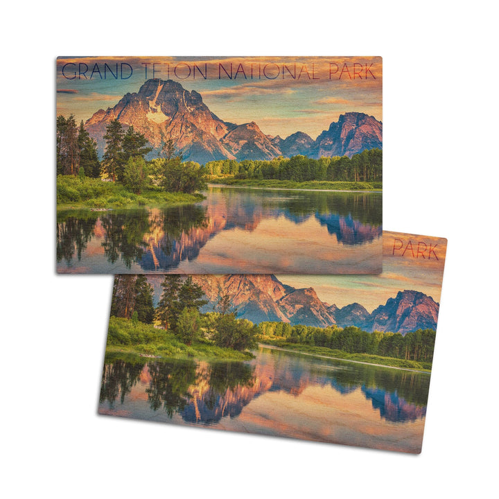 Grand Teton National Park, Wyoming, Sunrise & Snake River, Lantern Press Photography, Wood Signs and Postcards Wood Lantern Press 4x6 Wood Postcard Set 