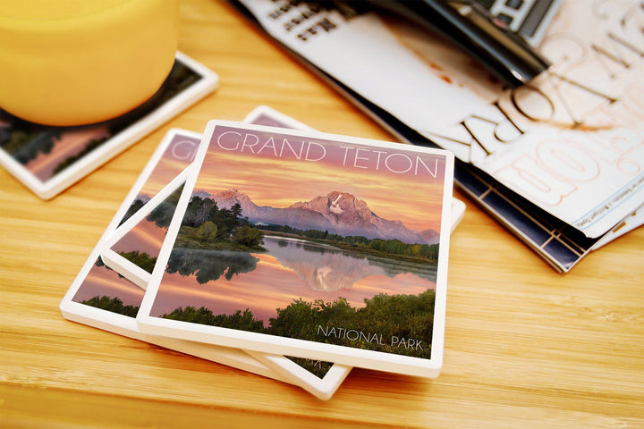 Grand Teton National Park, Wyoming, Sunset & Mountains, Lantern Press Photography, Coaster Set Coasters Lantern Press 
