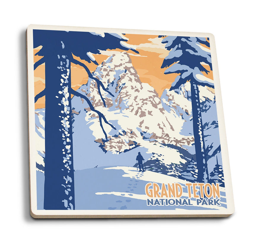 Grand Teton National Park, Wyoming, Winter Scene, Lantern Press Artwork, Coaster Set Coasters Lantern Press 