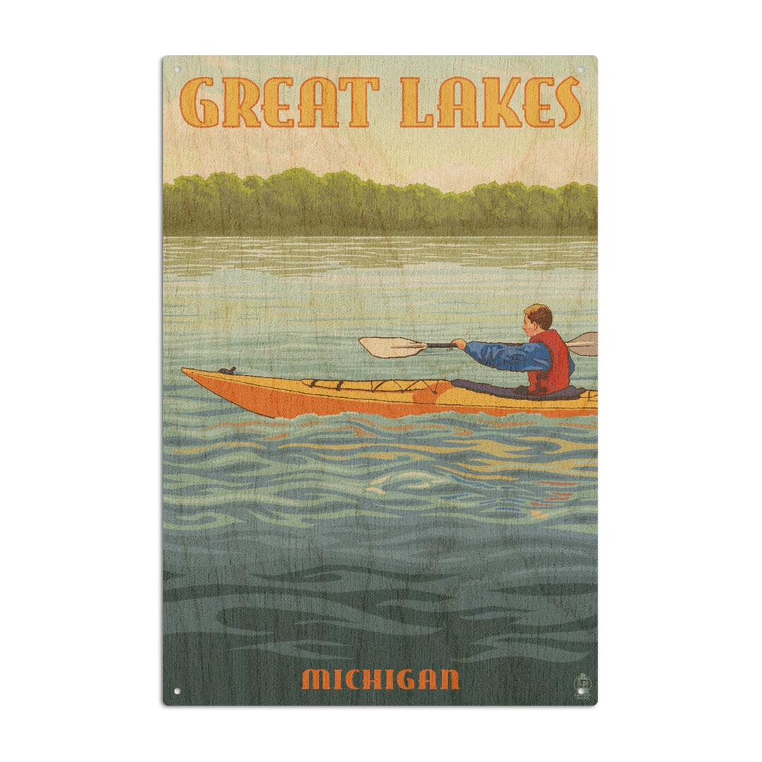 Great Lakes, Michigan, Kayak Scene, Lantern Press Artwork, Wood Signs and Postcards Wood Lantern Press 10 x 15 Wood Sign 