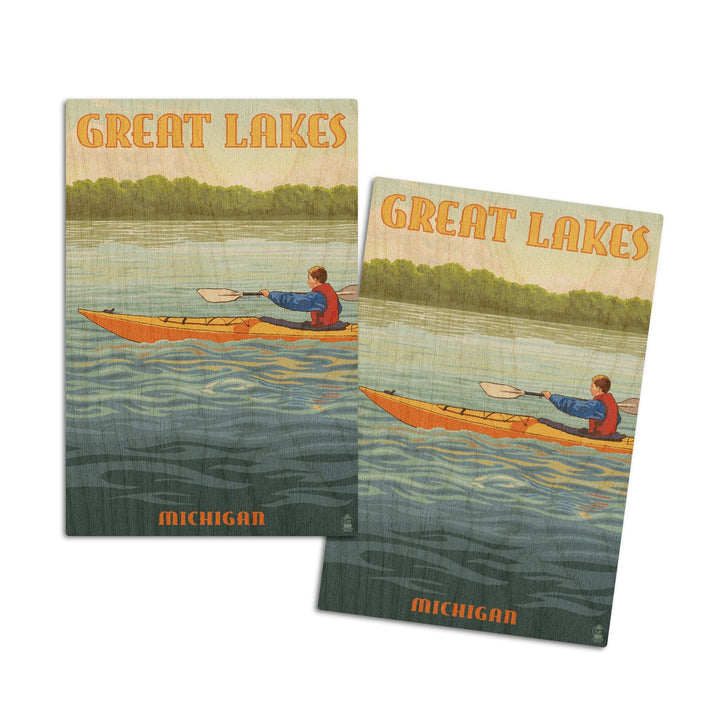 Great Lakes, Michigan, Kayak Scene, Lantern Press Artwork, Wood Signs and Postcards Wood Lantern Press 4x6 Wood Postcard Set 