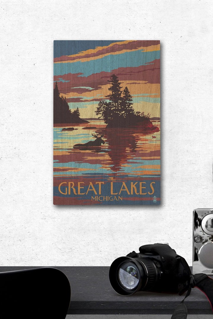 Great Lakes, Michigan, Moose Swimming at Sunset, Lantern Press Artwork, Wood Signs and Postcards Wood Lantern Press 12 x 18 Wood Gallery Print 