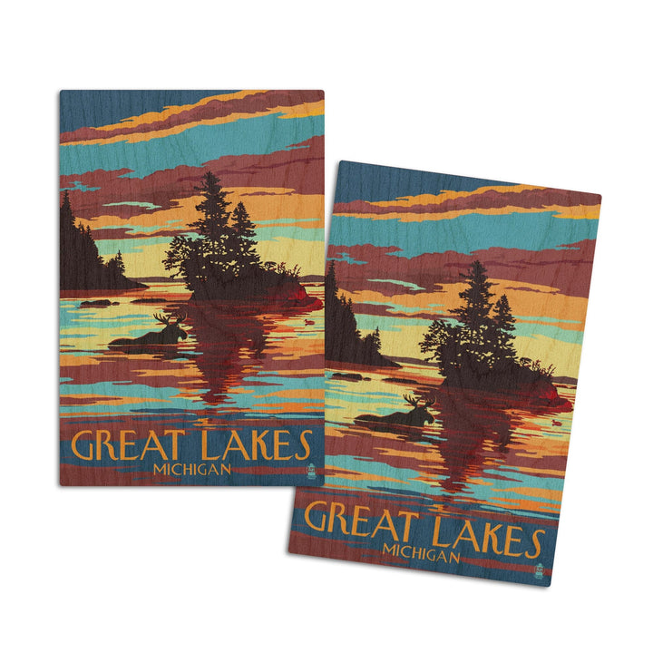 Great Lakes, Michigan, Moose Swimming at Sunset, Lantern Press Artwork, Wood Signs and Postcards Wood Lantern Press 4x6 Wood Postcard Set 