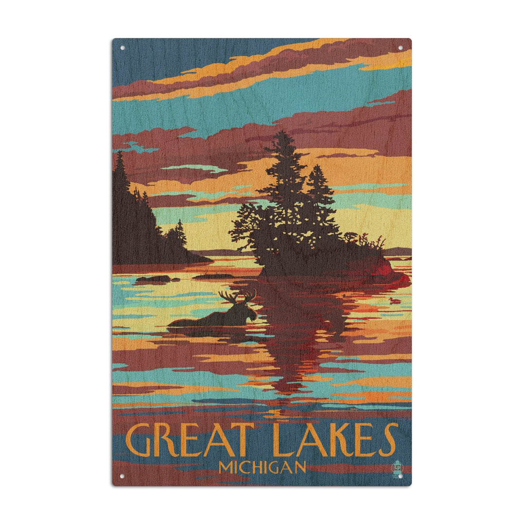 Great Lakes, Michigan, Moose Swimming at Sunset, Lantern Press Artwork, Wood Signs and Postcards Wood Lantern Press 6x9 Wood Sign 