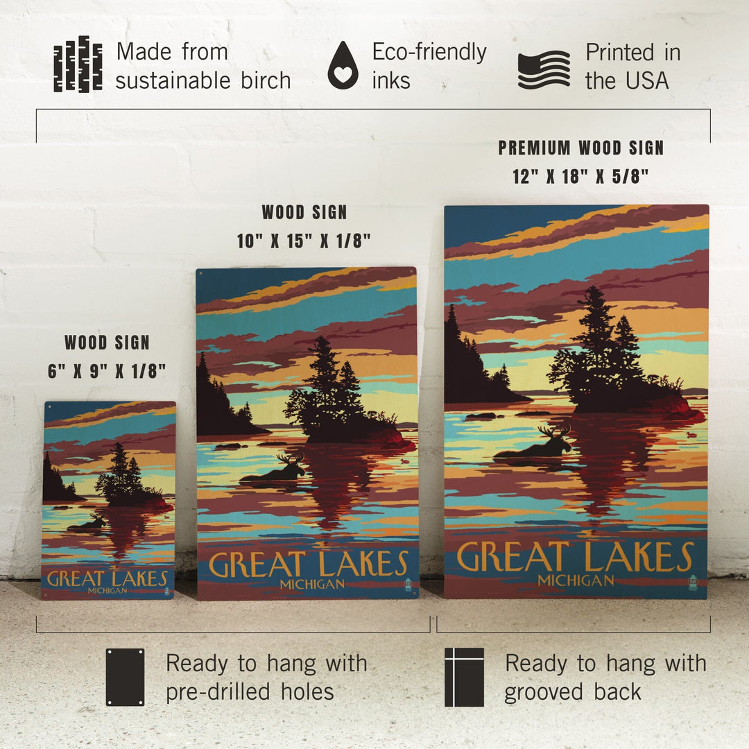 Great Lakes, Michigan, Moose Swimming at Sunset, Lantern Press Artwork, Wood Signs and Postcards Wood Lantern Press 