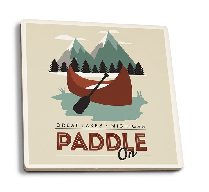 Great Lakes, Michigan, Paddle On, Contour, Lantern Press Artwork, Coaster Set Coasters Lantern Press 