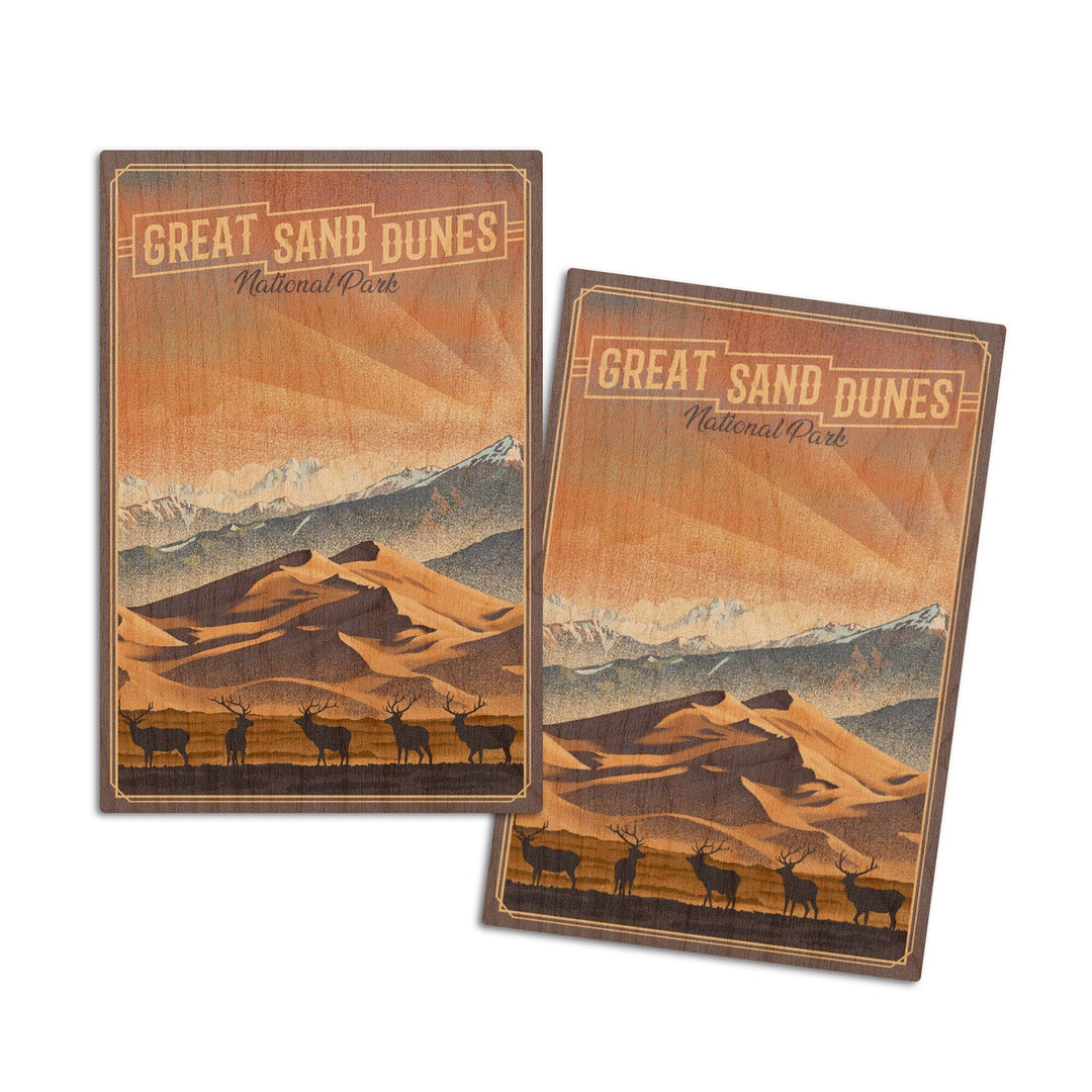 Great Sand Dunes National Park, Colorado, Lithograph National Park Series, Lantern Press Artwork, Wood Signs and Postcards Wood Lantern Press 4x6 Wood Postcard Set 