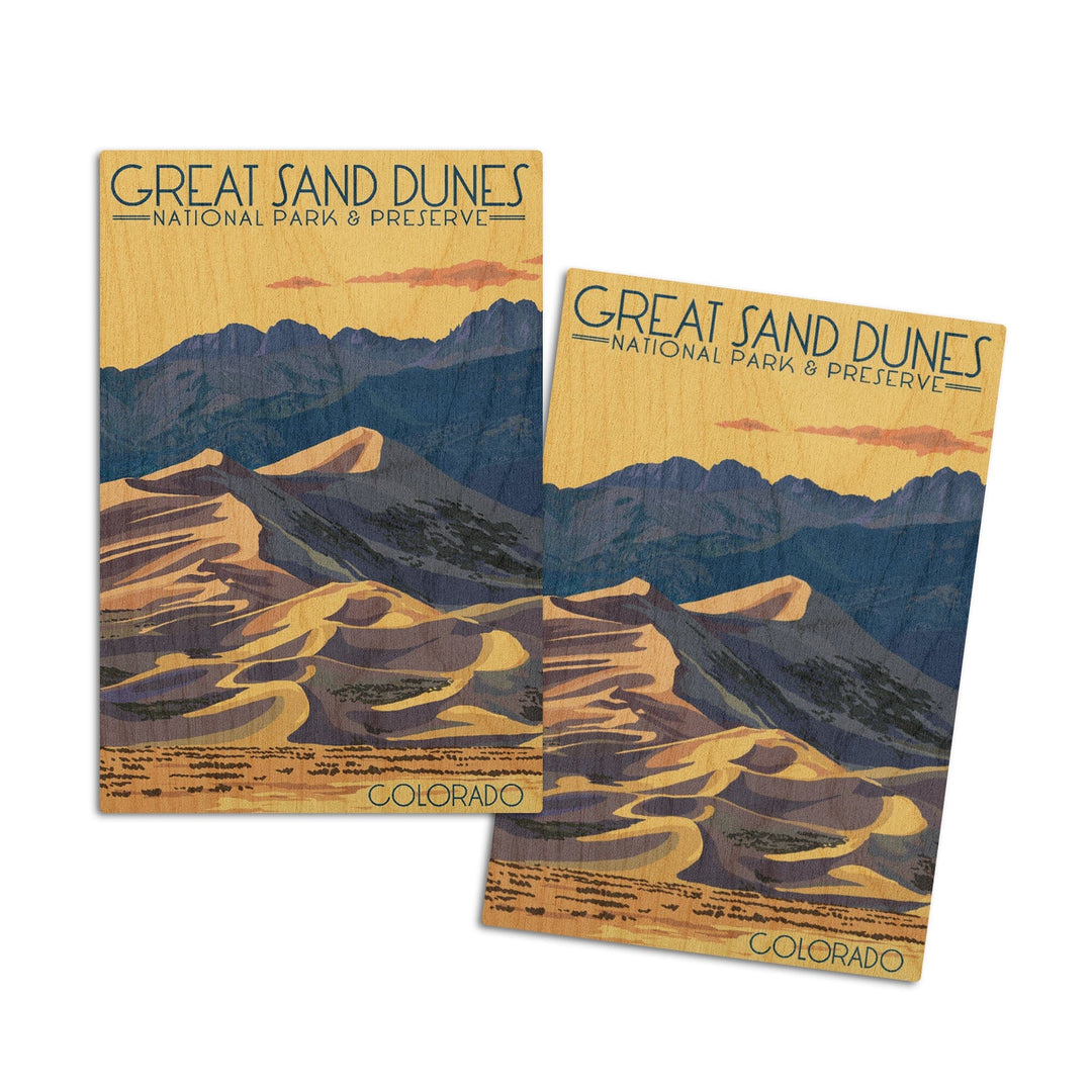 Great Sand Dunes National Park & Preserve, Colorado, Dunes at Sunset, Lantern Press Artwork, Wood Signs and Postcards Wood Lantern Press 4x6 Wood Postcard Set 