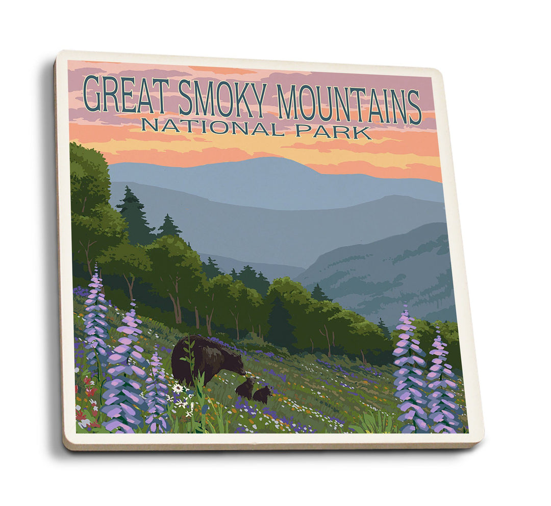 Great Smoky Mountains National Park, Bear and Spring Flowers, Lantern Press Artwork, Coaster Set Coasters Lantern Press 