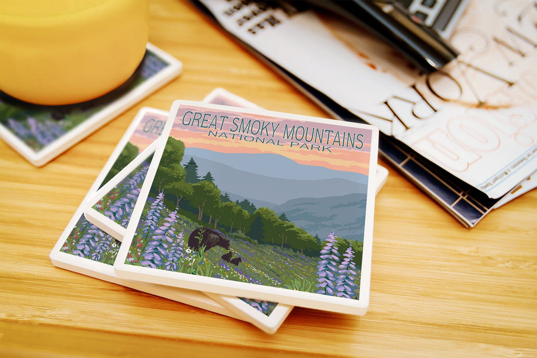 Great Smoky Mountains National Park, Bear and Spring Flowers, Lantern Press Artwork, Coaster Set Coasters Lantern Press 