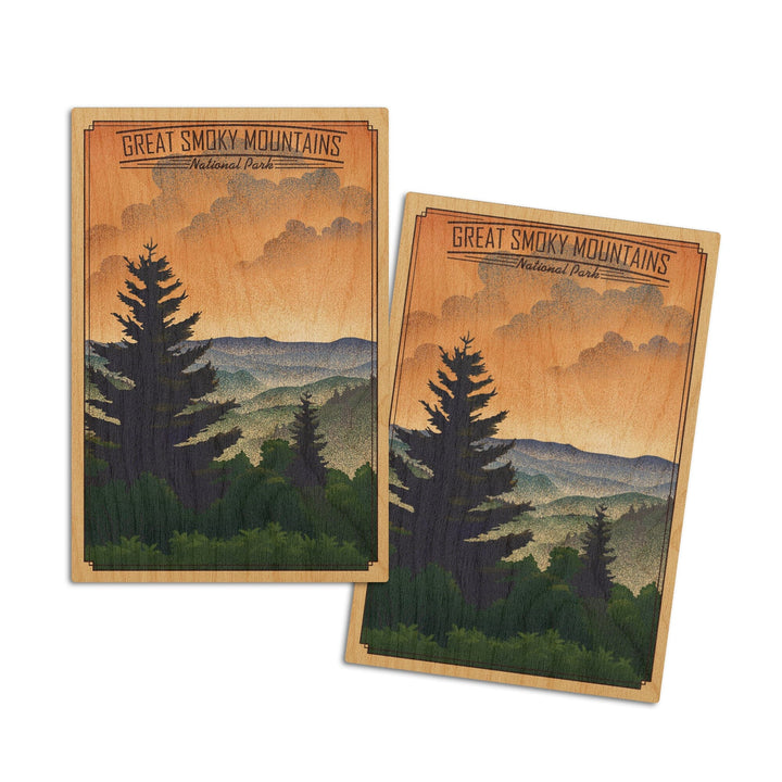 Great Smoky Mountains National Park, Newfound Gap, Lithograph National Park Series, Lantern Press Artwork, Wood Signs and Postcards Wood Lantern Press 4x6 Wood Postcard Set 