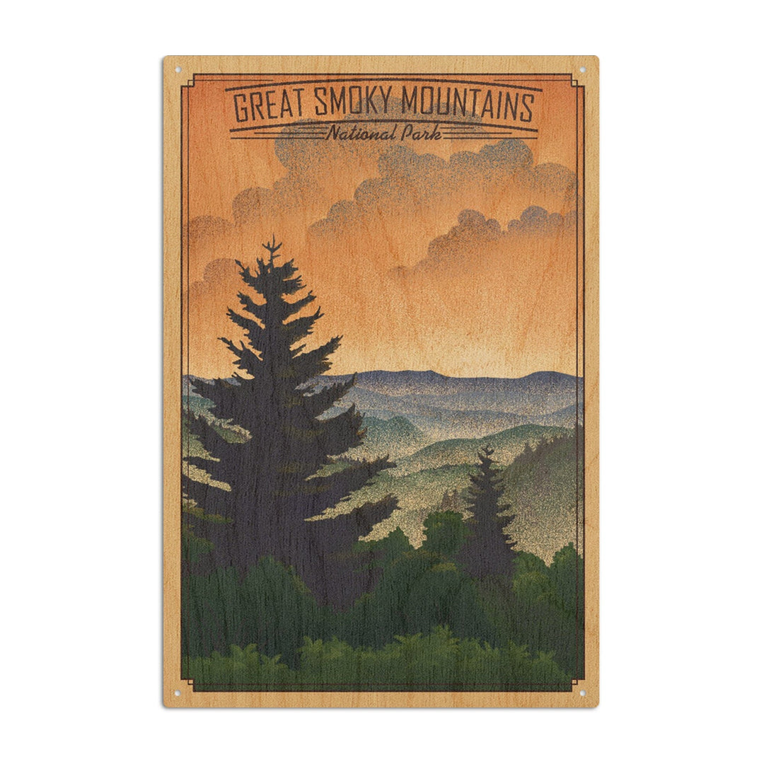 Great Smoky Mountains National Park, Newfound Gap, Lithograph National Park Series, Lantern Press Artwork, Wood Signs and Postcards Wood Lantern Press 6x9 Wood Sign 