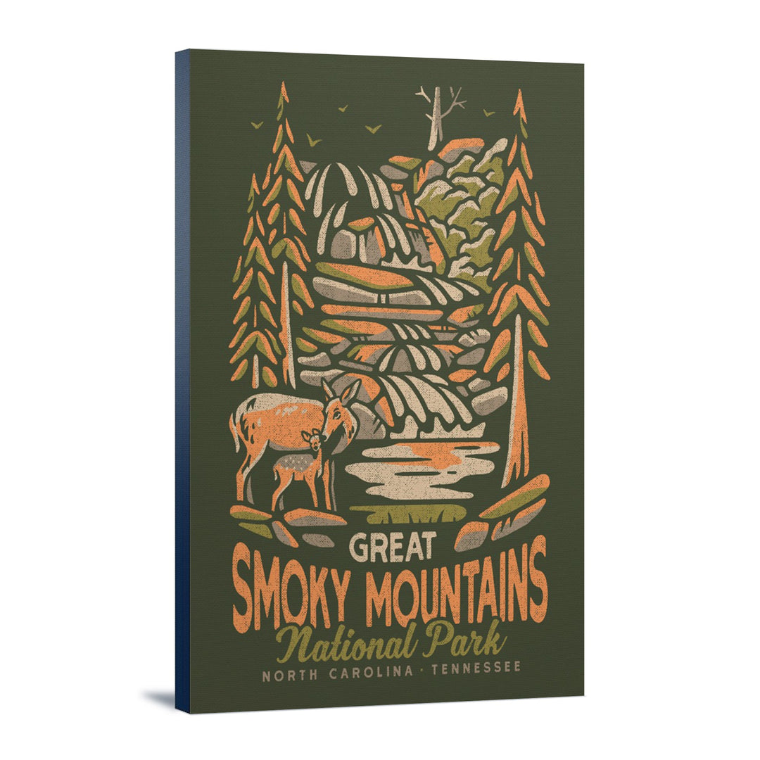 Great Smoky Mountains National Park, North Carolina, Distressed Vector, Lantern Press Artwork, Stretched Canvas Canvas Lantern Press 12x18 Stretched Canvas 