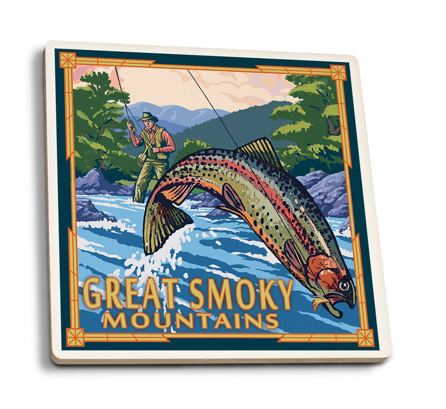 Great Smoky Mountains National Park, Tennesseee, Angler Fly Fishing Scene, Lantern Press Artwork, Coaster Set Coasters Lantern Press 