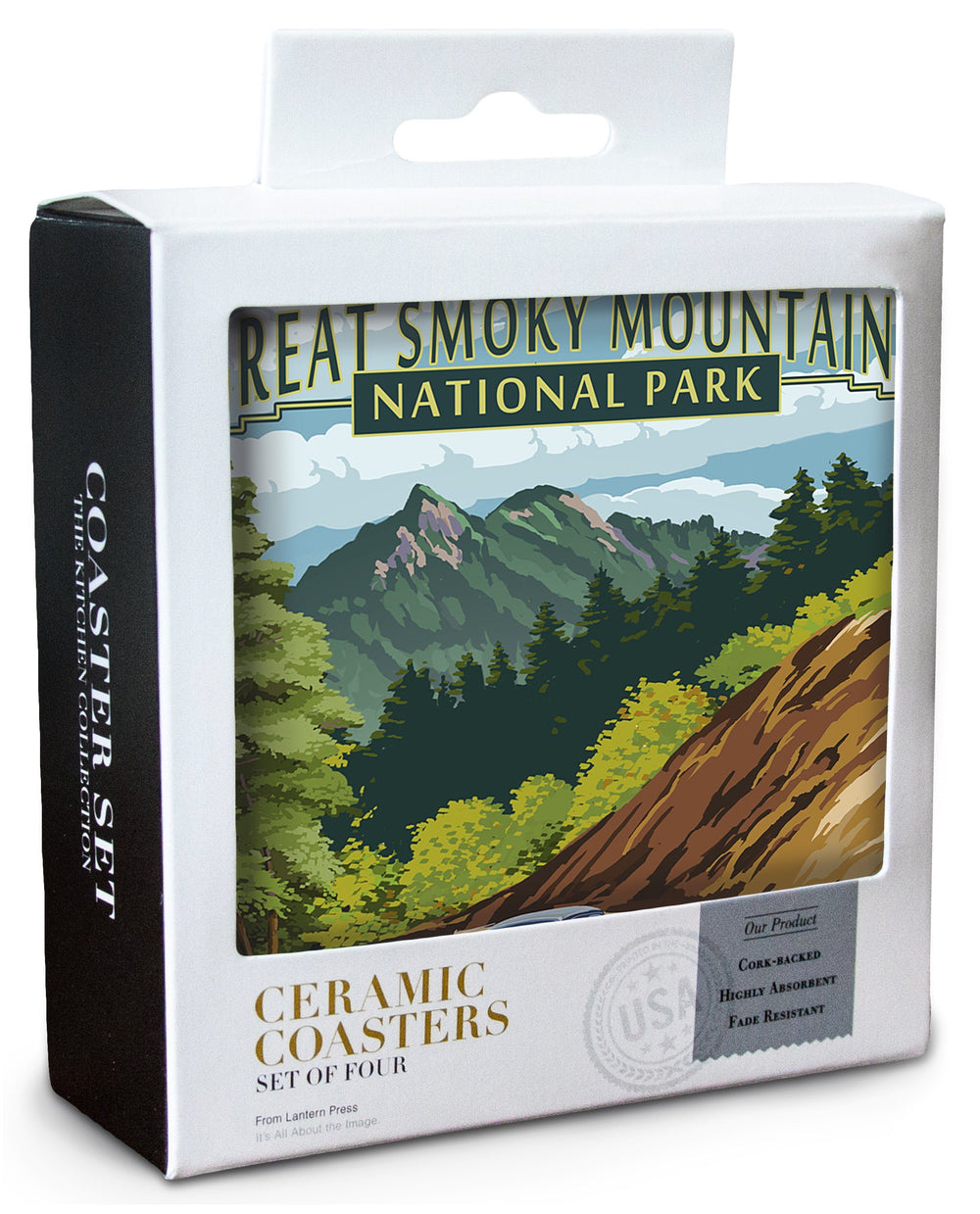 Great Smoky Mountains National Park, Tennesseee, Chimney Tops & Road, Lantern Press Artwork, Coaster Set Coasters Lantern Press 