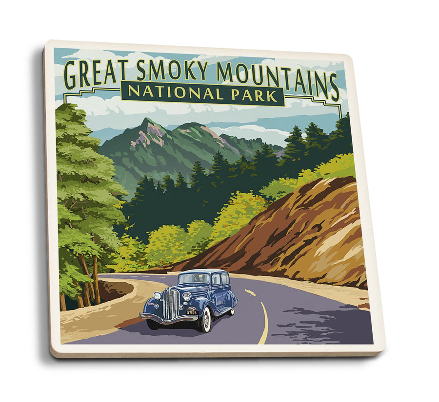 Great Smoky Mountains National Park, Tennesseee, Chimney Tops & Road, Lantern Press Artwork, Coaster Set Coasters Lantern Press 