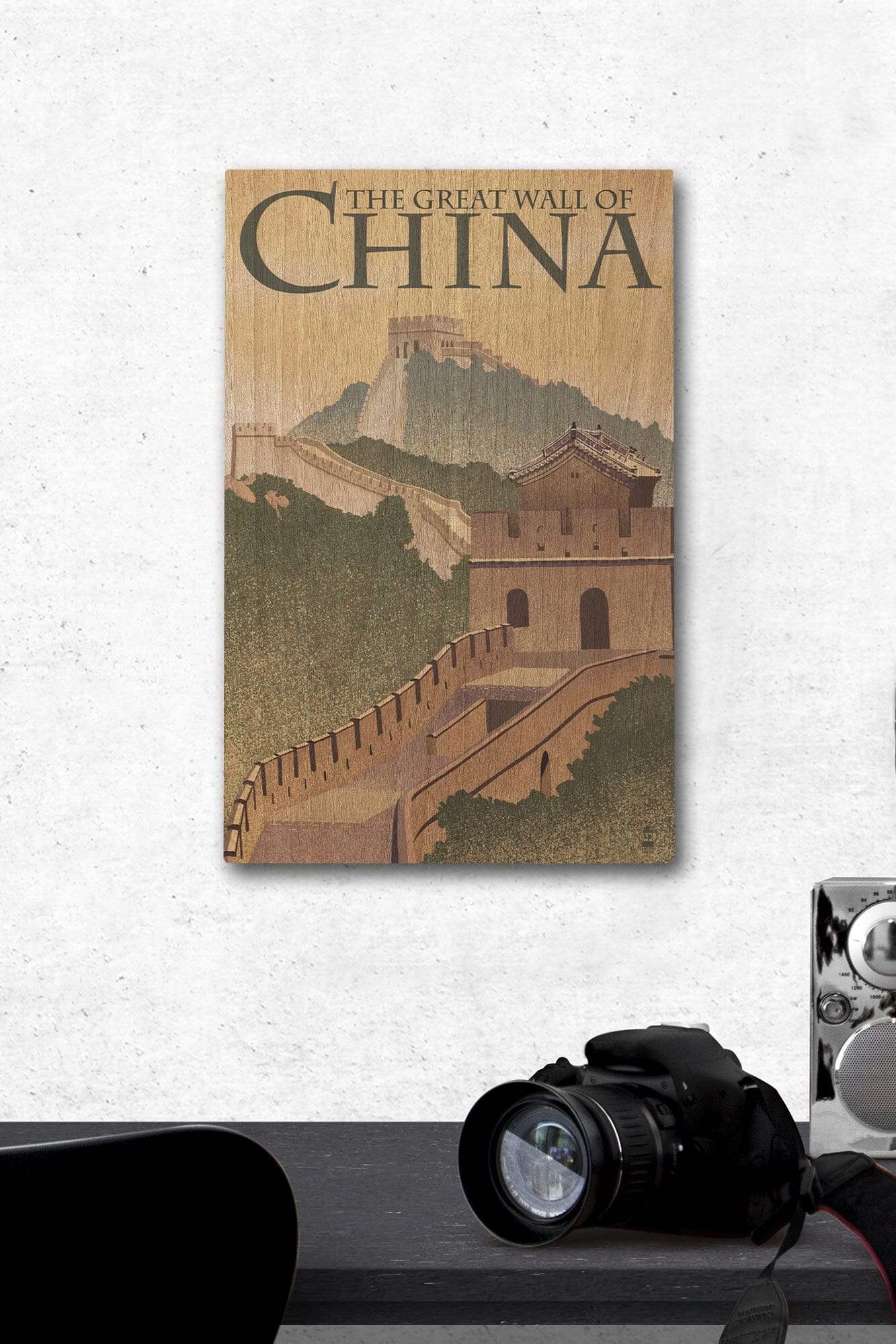 Great Wall of China, Lithograph Style, Lantern Press Artwork, Wood Sig