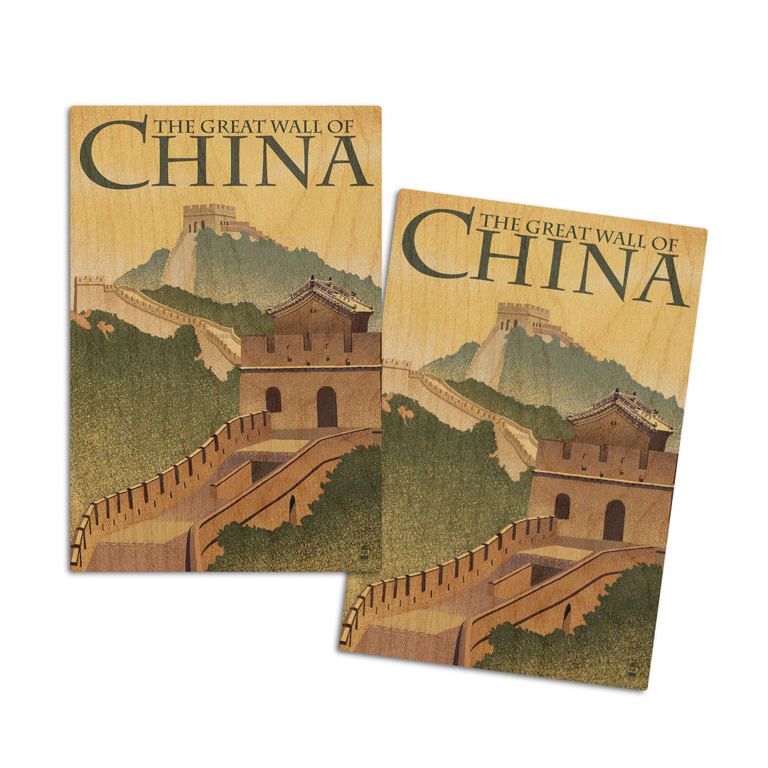 Great Wall of China, Lithograph Style, Lantern Press Artwork, Wood Signs and Postcards Wood Lantern Press 4x6 Wood Postcard Set 