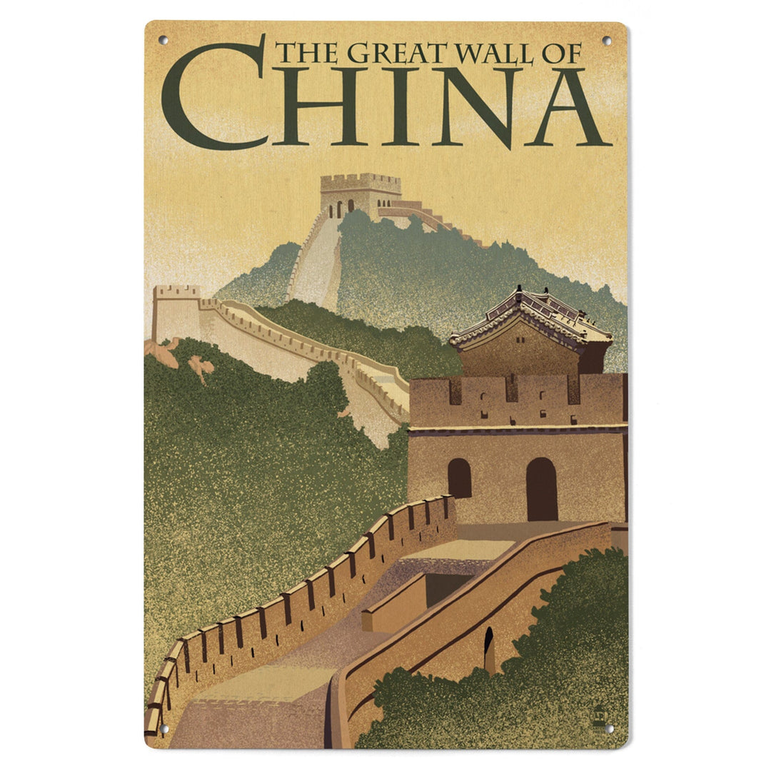 Great Wall of China, Lithograph Style, Lantern Press Artwork, Wood Signs and Postcards Wood Lantern Press 