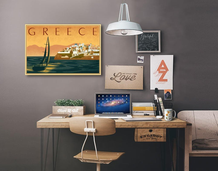 Greece, City with Sailboat, Lithograph, Lantern Press Artwork, Stretched Canvas Canvas Lantern Press 