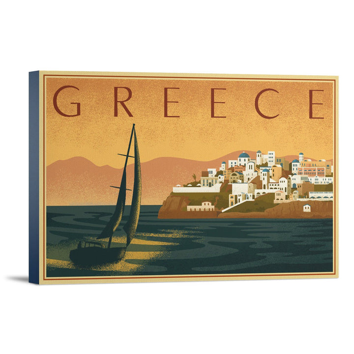 Greece, City with Sailboat, Lithograph, Lantern Press Artwork, Stretched Canvas Canvas Lantern Press 