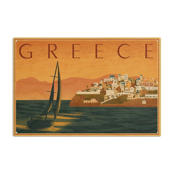 Greece, City with Sailboat, Lithograph, Lantern Press Artwork, Wood Signs and Postcards Wood Lantern Press 10 x 15 Wood Sign 