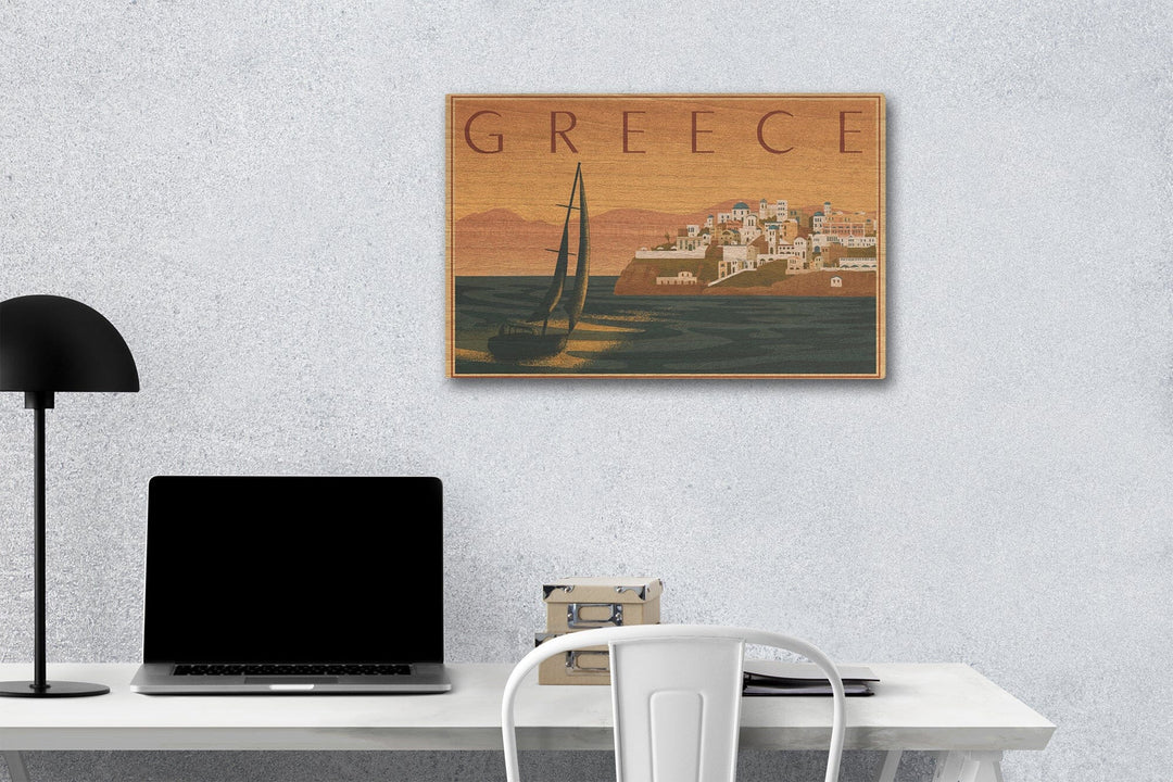 Greece, City with Sailboat, Lithograph, Lantern Press Artwork, Wood Signs and Postcards Wood Lantern Press 12 x 18 Wood Gallery Print 