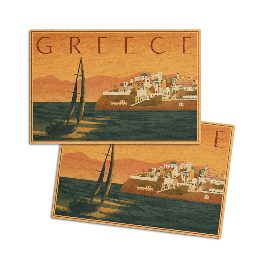 Greece, City with Sailboat, Lithograph, Lantern Press Artwork, Wood Signs and Postcards Wood Lantern Press 4x6 Wood Postcard Set 