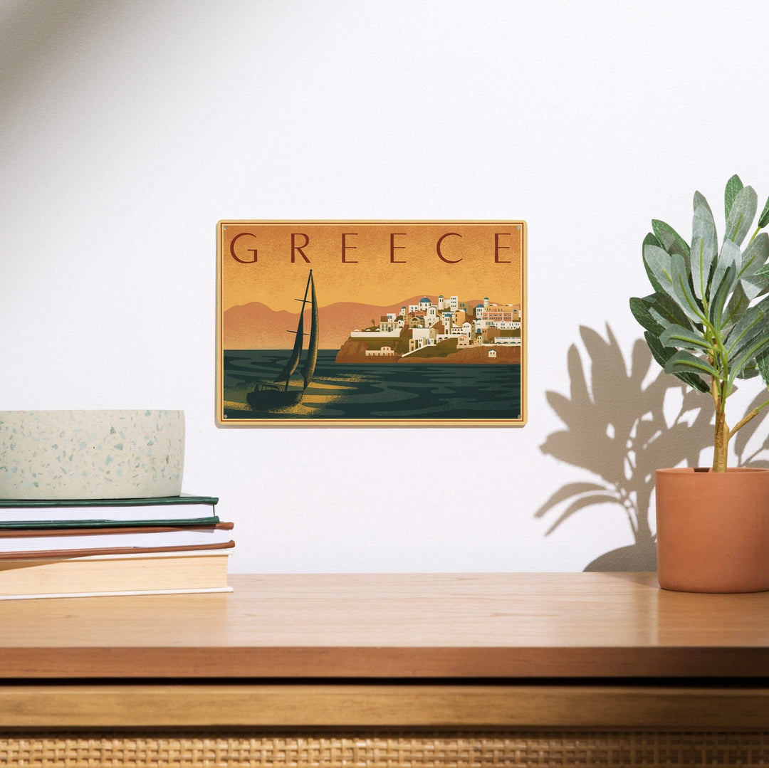 Greece, City with Sailboat, Lithograph, Lantern Press Artwork, Wood Signs and Postcards Wood Lantern Press 