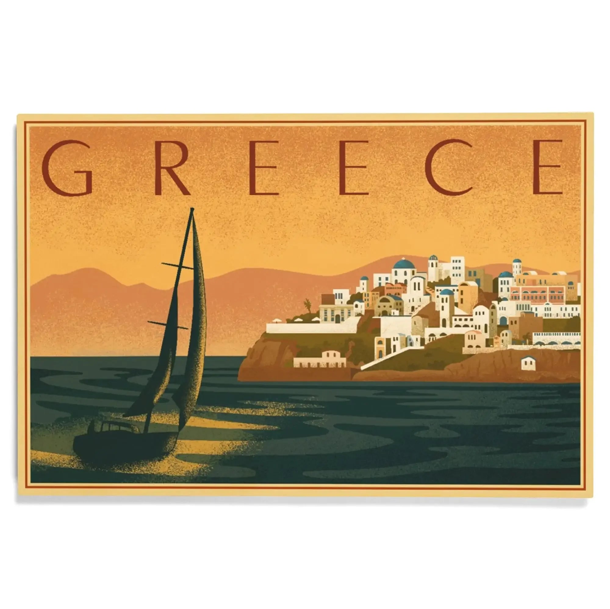 Greece, City with Sailboat, Lithograph, Lantern Press Artwork, Wood Si