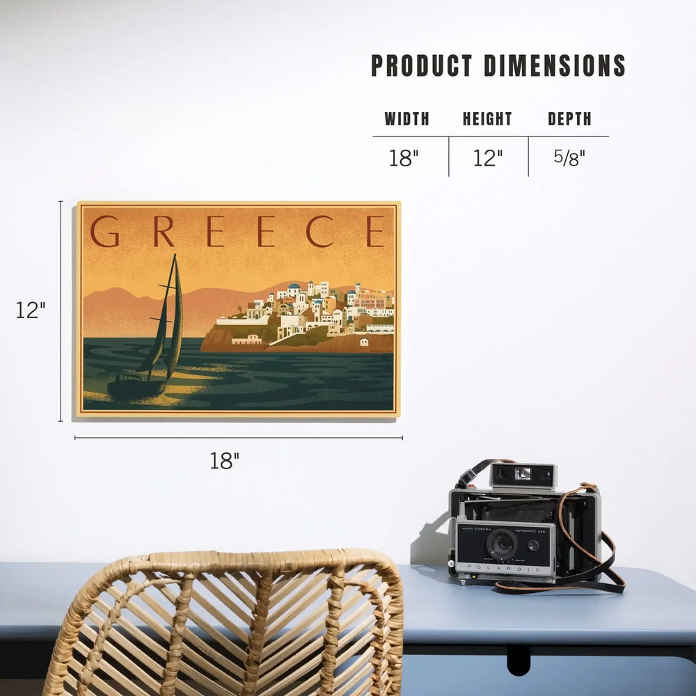 Greece, City with Sailboat, Lithograph, Lantern Press Artwork, Wood Signs and Postcards - Lantern Press