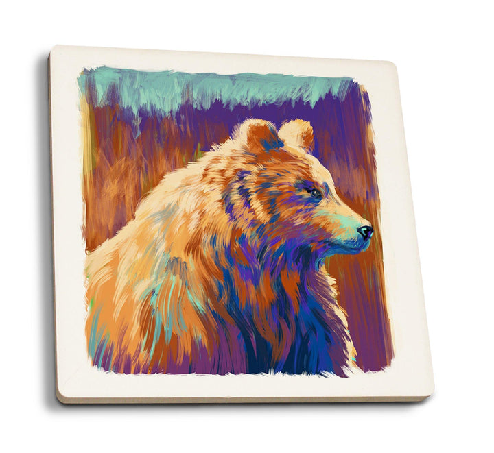Grizzly Bear, Vivid Watercolor, Lantern Press Artwork, Coaster Set Coasters Lantern Press 