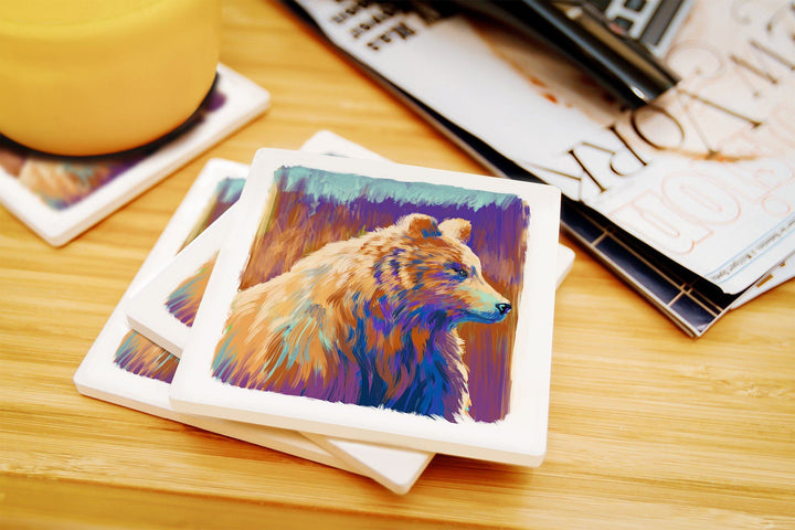 Grizzly Bear, Vivid Watercolor, Lantern Press Artwork, Coaster Set Coasters Lantern Press 
