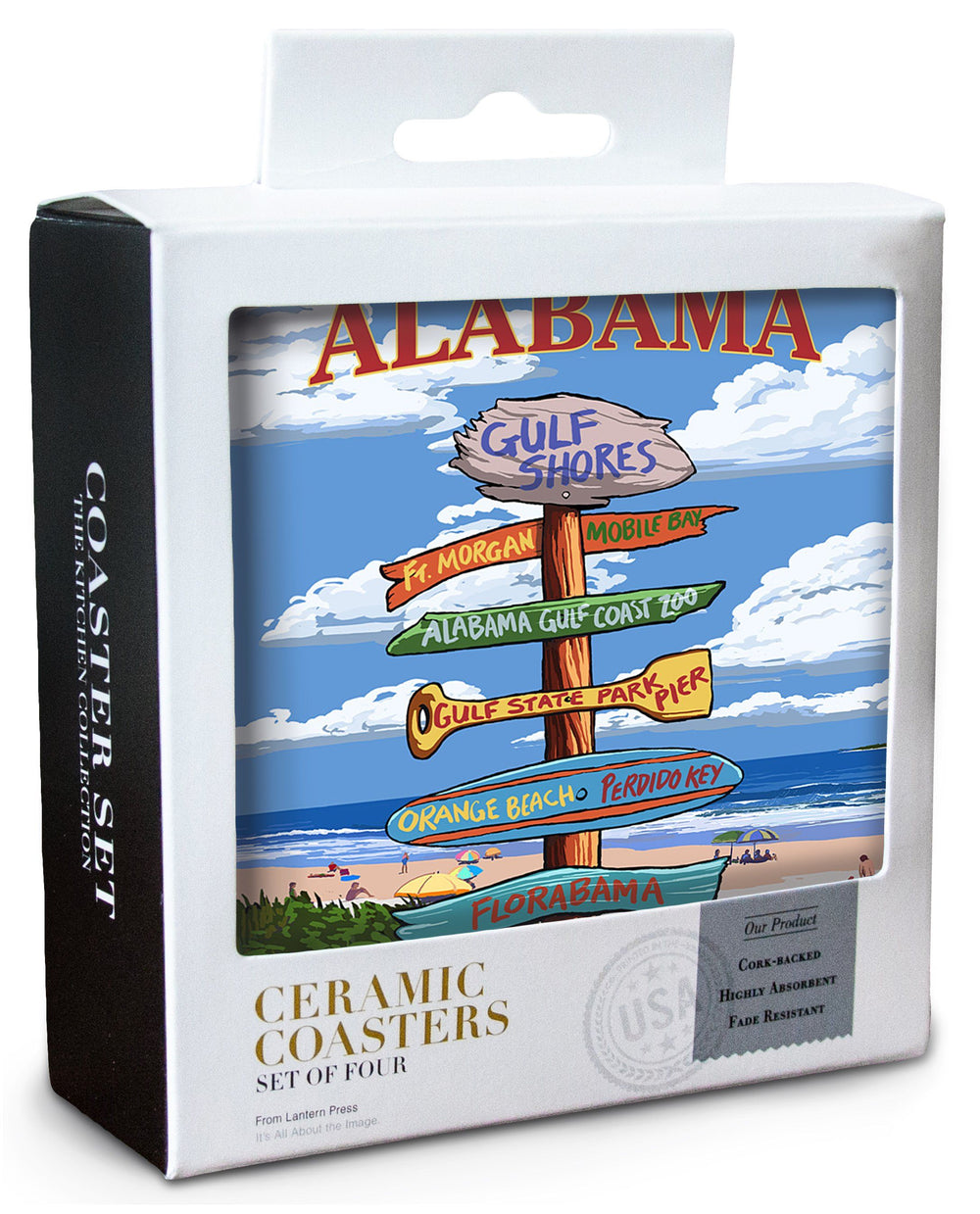 Gulf Shores, Alabama, Destinations Sign, Lantern Press Artwork, Coaster Set Coasters Lantern Press 