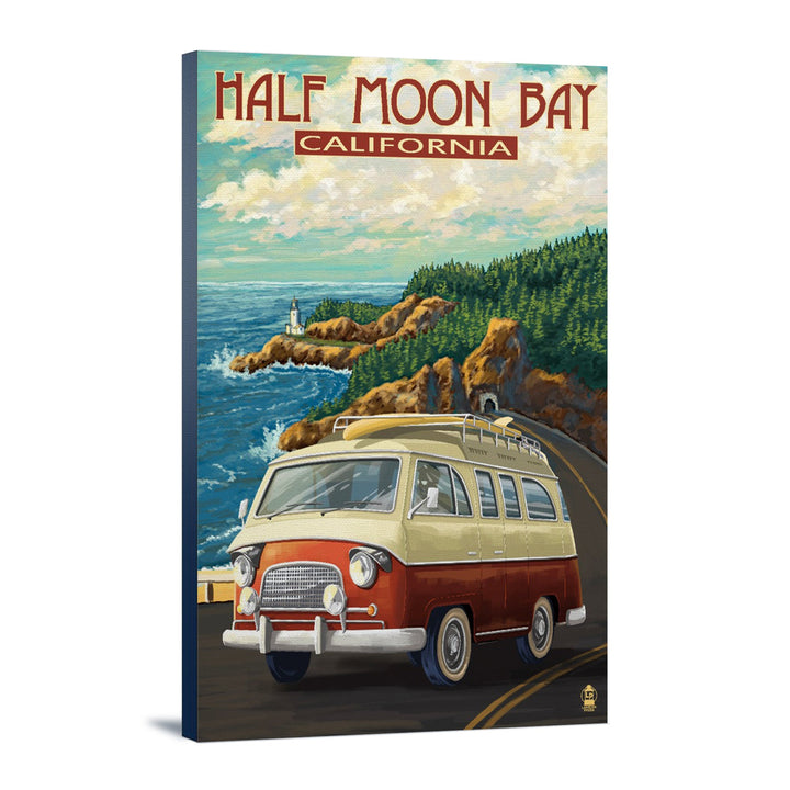 Half Moon Bay, California, Camper Van, Lantern Press Artwork, Stretched Canvas Canvas Lantern Press 12x18 Stretched Canvas 