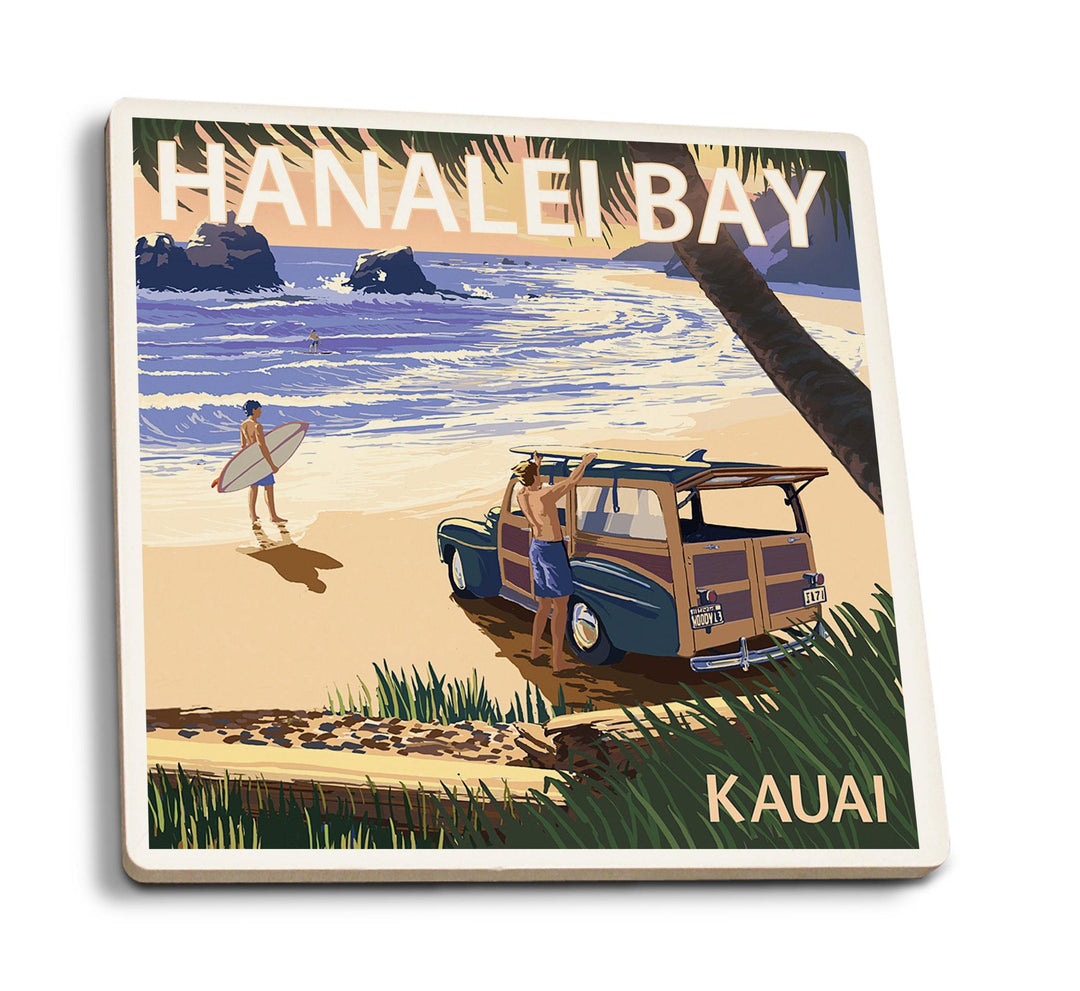 Hanalei Bay, Kauai, Hawaii, Woody on Beach, Lantern Press Artwork, Coaster Set Coasters Lantern Press 