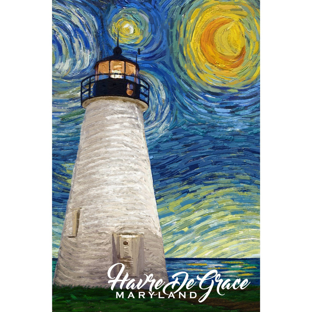 Havre De Grace, Maryland, Lighthouse, Starry Night, Lantern Press Artwork, Towels and Aprons Kitchen Lantern Press 