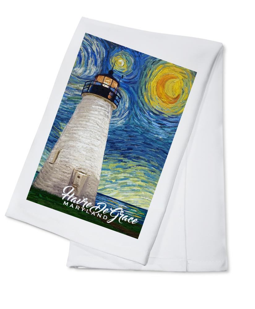 Havre De Grace, Maryland, Lighthouse, Starry Night, Lantern Press Artwork, Towels and Aprons Kitchen Lantern Press Cotton Towel 