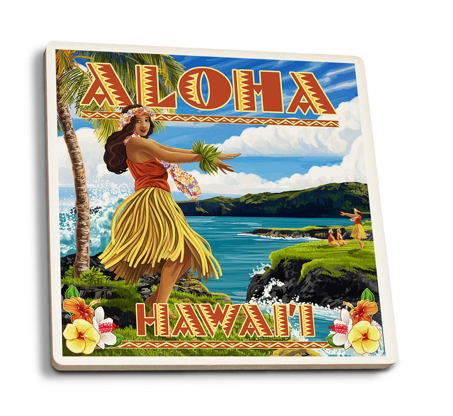 Hawaii, Aloha, Hula Girl on Coast (Flower Border), Lantern Press Artwork, Coaster Set Coasters Lantern Press 