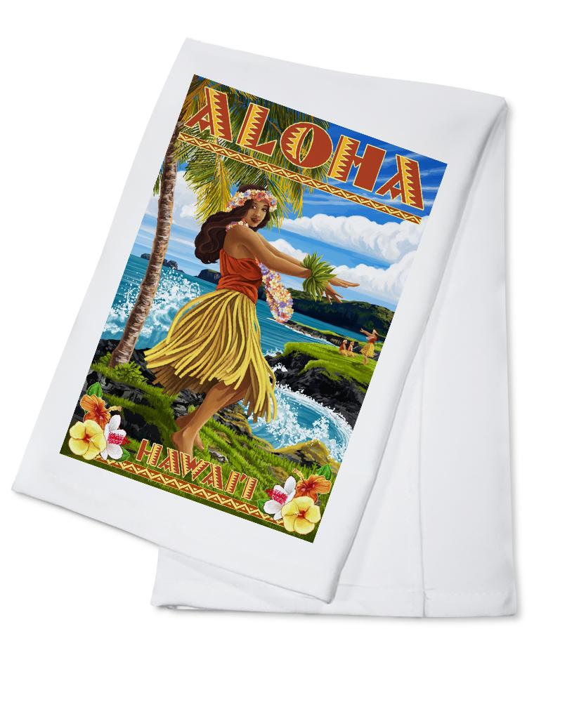 Hawaii, Aloha, Hula Girl on Coast (Flower Border), Lantern Press Artwork, Towels and Aprons Kitchen Lantern Press Cotton Towel 