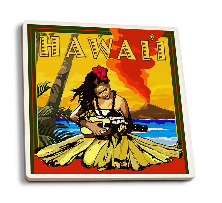 Hawaii, Hula Girl & Ukulele, Lantern Press Artwork, Coaster Set Coasters Lantern Press 