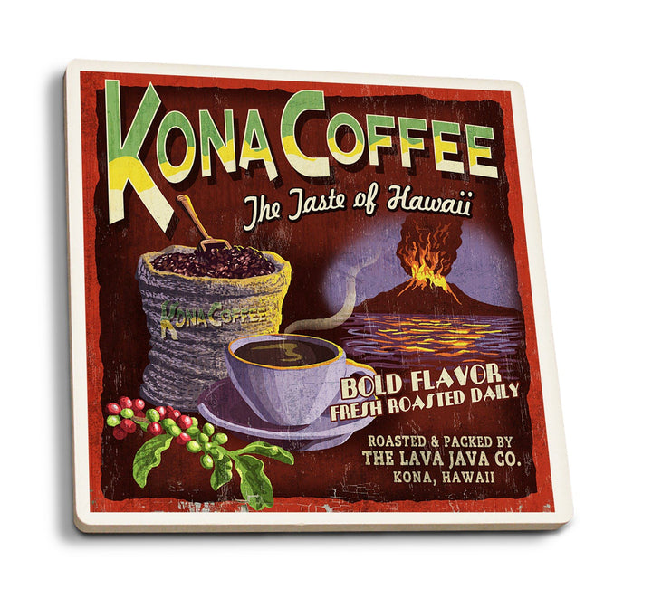 Hawaii, Kona Coffee Vintage Sign, Lantern Press Artwork, Coaster Set Coasters Lantern Press 