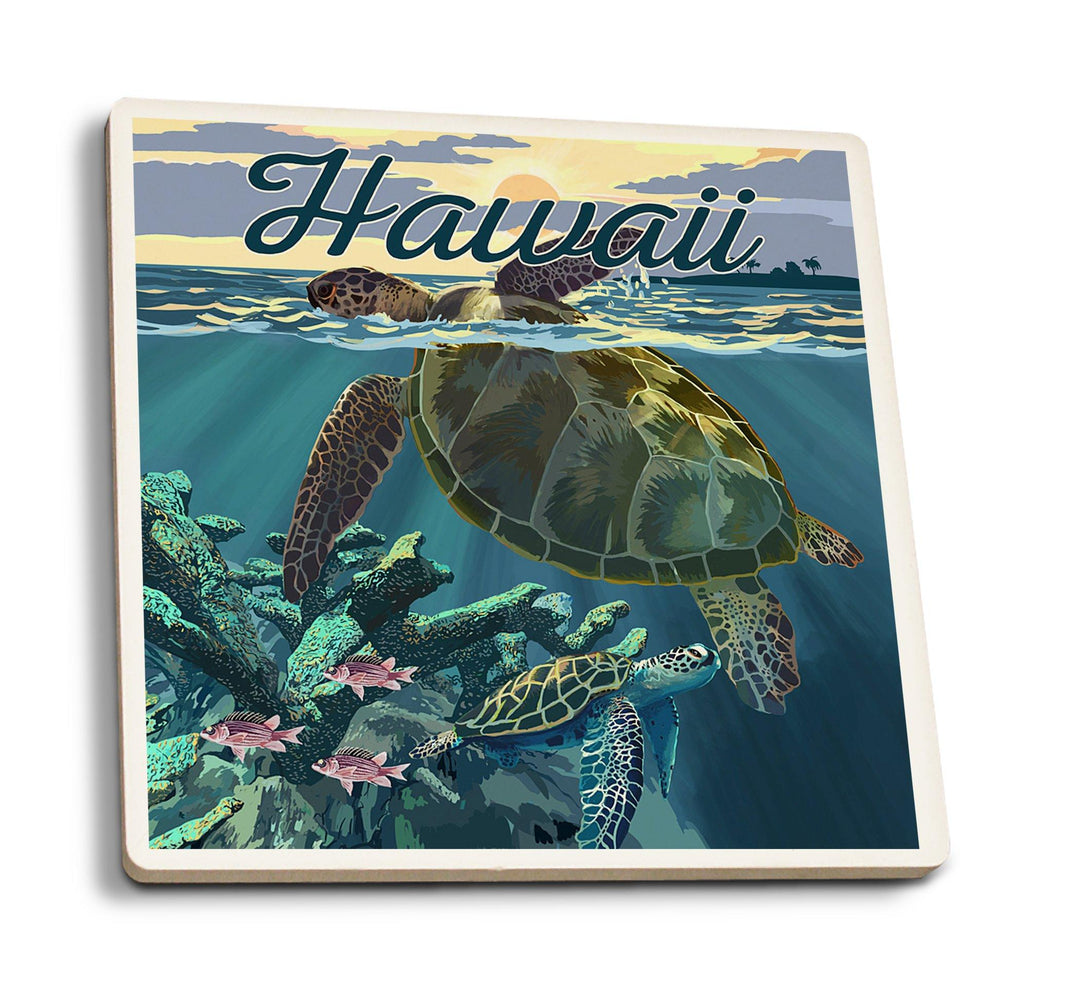Hawaii, Loggerhead Sea Turtle & Sunset, Lantern Press Artwork, Coaster Set Coasters Lantern Press 