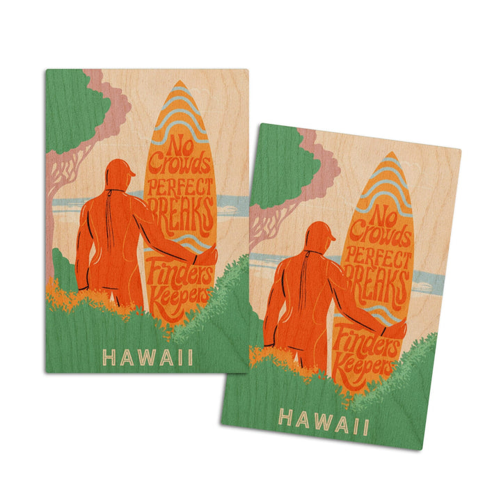 Hawaii, Secret Surf Spot Collection, Surfer at the Beach, No Crowds, Perfect Breaks, Finders Keepers, Lantern Press Artwork, Wood Signs and Postcards Wood Lantern Press 4x6 Wood Postcard Set 