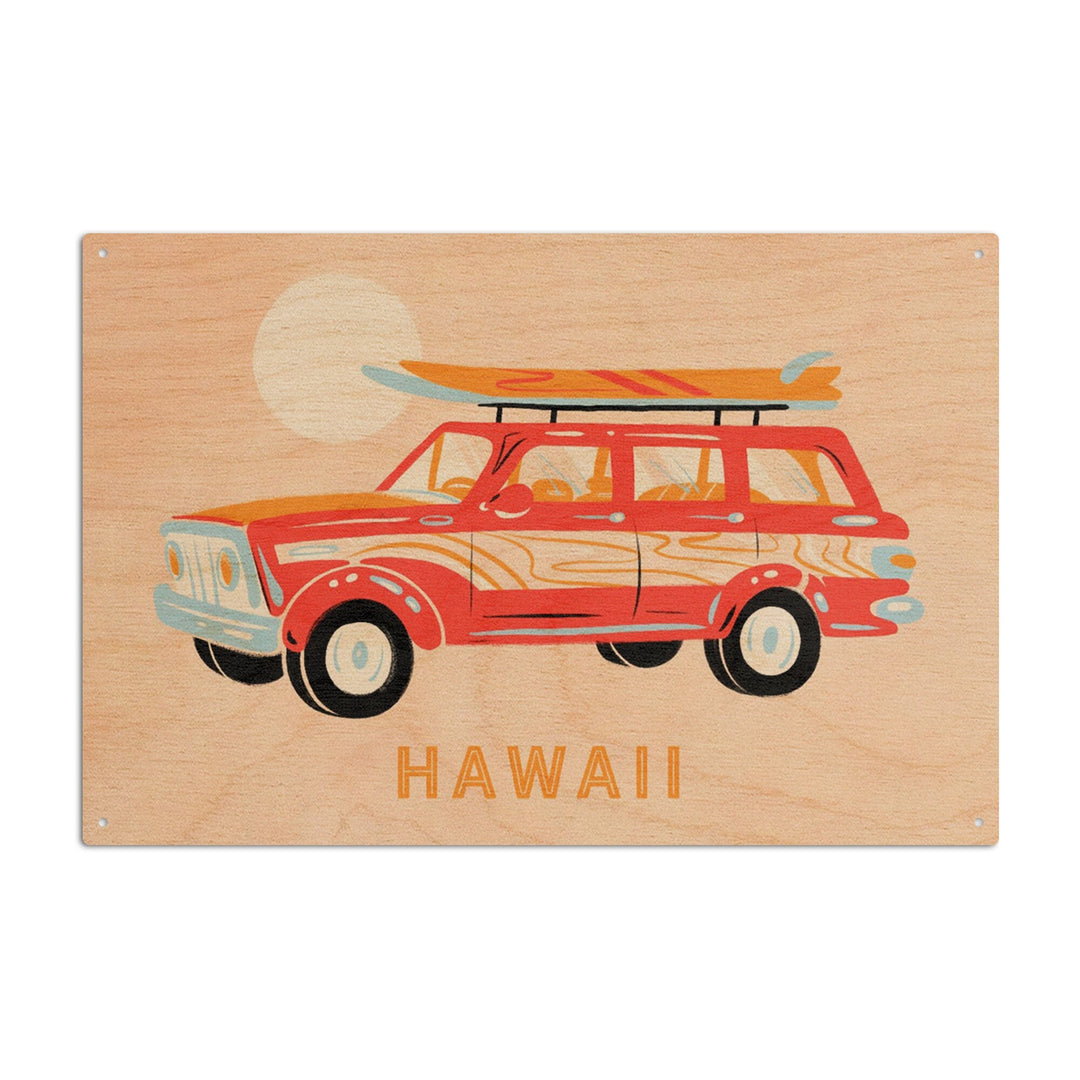Hawaii, Secret Surf Spot Collection, Woody Wagon and Surfboards, Lantern Press Artwork, Wood Signs and Postcards Wood Lantern Press 10 x 15 Wood Sign 