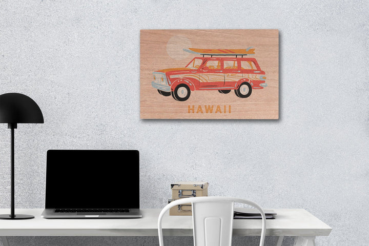Hawaii, Secret Surf Spot Collection, Woody Wagon and Surfboards, Lantern Press Artwork, Wood Signs and Postcards Wood Lantern Press 12 x 18 Wood Gallery Print 