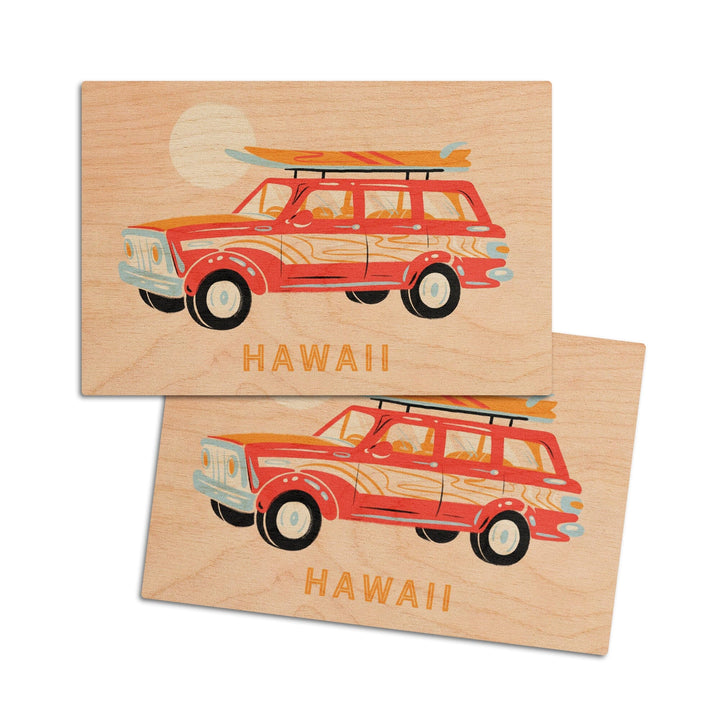 Hawaii, Secret Surf Spot Collection, Woody Wagon and Surfboards, Lantern Press Artwork, Wood Signs and Postcards Wood Lantern Press 4x6 Wood Postcard Set 