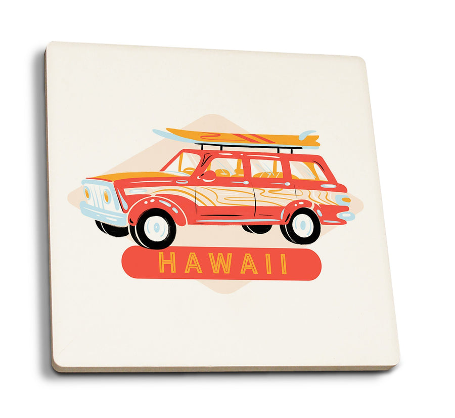 Hawaii, Secret Surf Spot, Woody Wagon with Surfboards, Contour, Lantern Press Artwork, Coaster Set Coasters Lantern Press 