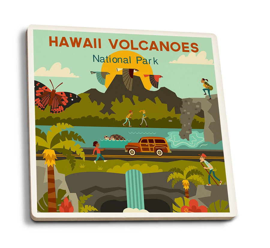 Hawaii Volcanoes National Park, Hawaii, Geometric National Park Series, Lantern Press Artwork, Coaster Set Coasters Lantern Press 
